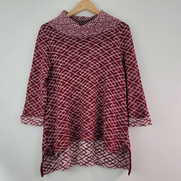 Anthropologie MOTH Maroon Ivory 3/4 Sleeve Alpaca Viscose Retro Geo Sweater Sz S - Picture 10 of 12